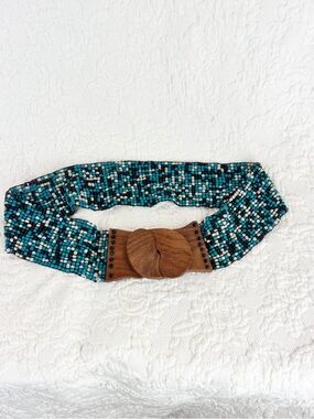 BOHO Seed Beaded Stretch Belt Wood Clasp
